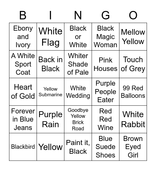 Colors in Songs BINGO Card