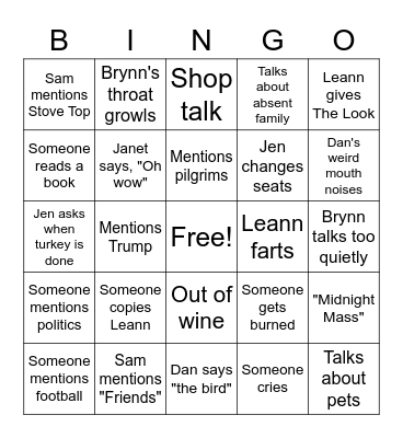 Turkey Day BINGO Card