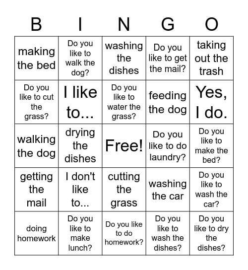 Daily Living & Outside Chores Bingo Card
