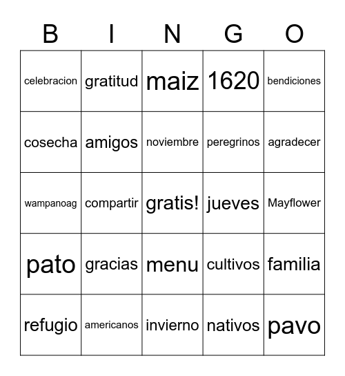 Dia de Accion de Gracias Bingo Card