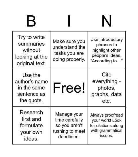 Academic Integrity Bingo Card