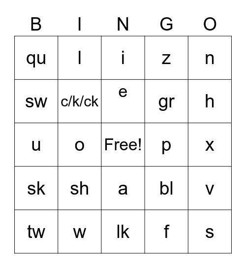 Consonants and Vowels Bingo Card