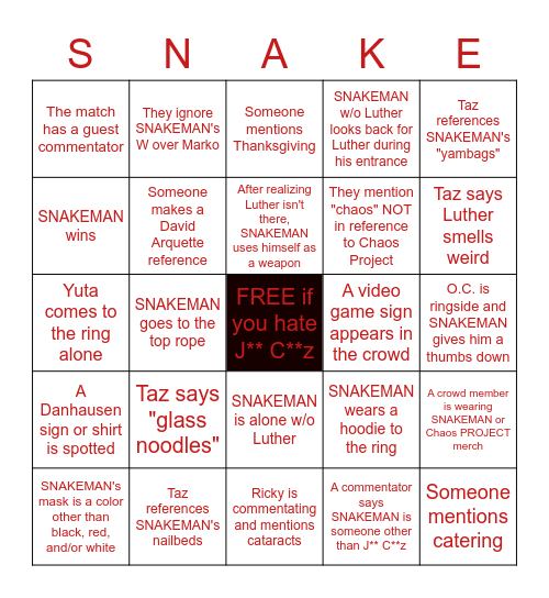 SNAKEMAN Bingo Card