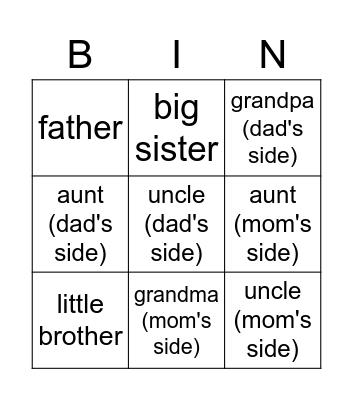 Family Members Bingo Card