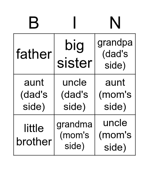 Family Members Bingo Card