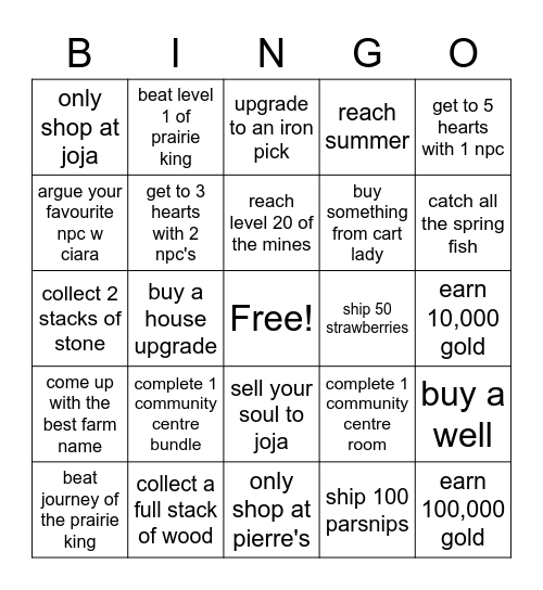 Stardew Valley Night Bingo Card