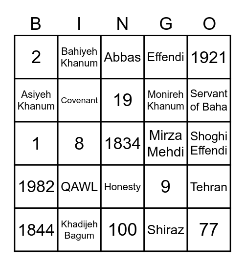 BAHA'I BINGO Card