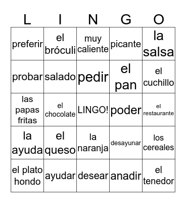 Capitulo 6 Vocabulario Bingo Card