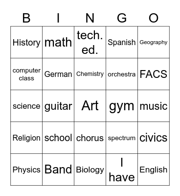subjects Bingo Card