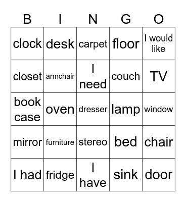 furniture Bingo Card