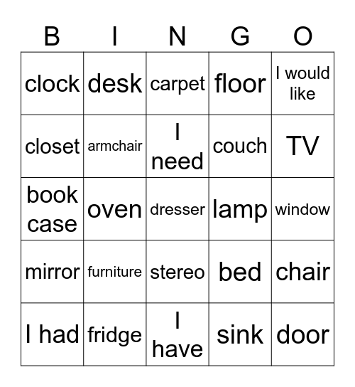 furniture Bingo Card