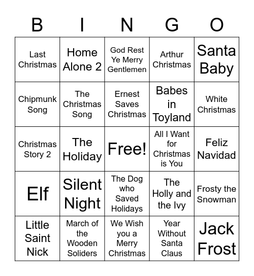 Christmas Movie and Music Bingo Card