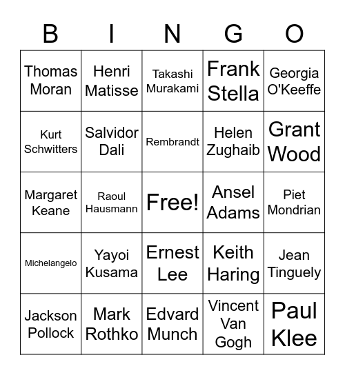 Artist Bingo! Bingo Card