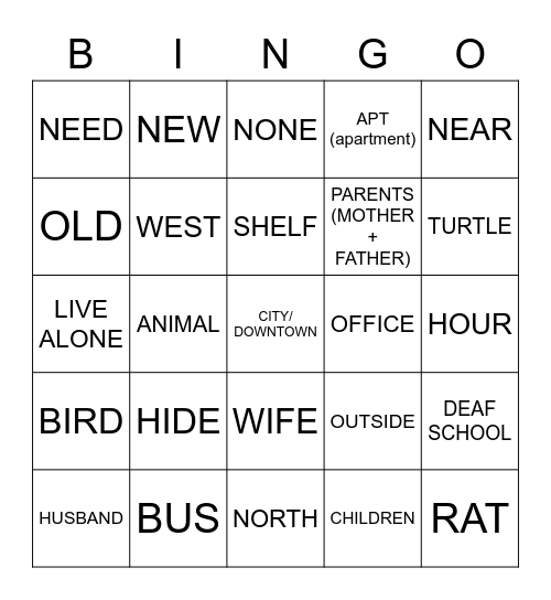 ASL unit 3 Bingo Card