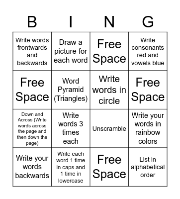 Spelling Bingo Card