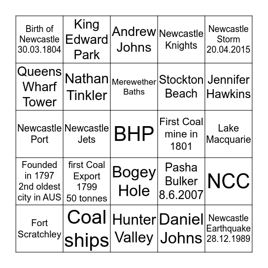 Newcastle Bingo Card