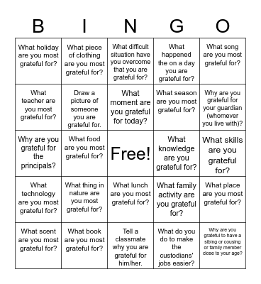 Gratitude Bingo Card