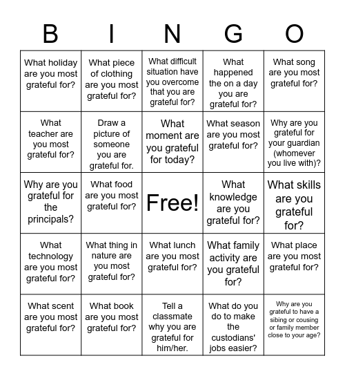 Gratitude Bingo Card