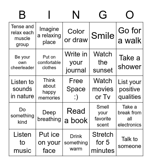 Coping Skills Bingo Card