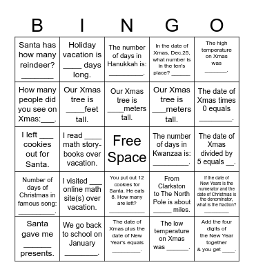 Bailey Lake Holiday Vacation BINGO Card
