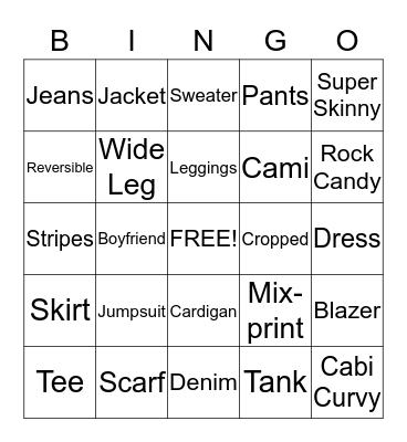 Fashion Bingo Card