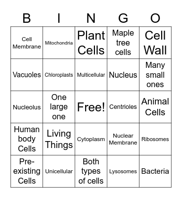 Cells and Cell Structures Bingo Card