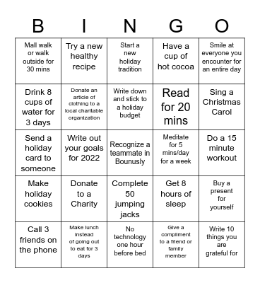 GA Healthy Holiday Bingo Card