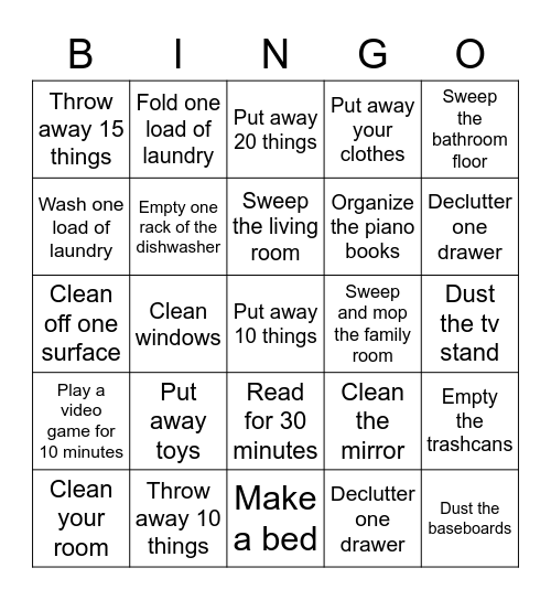 Chore Bingo Card