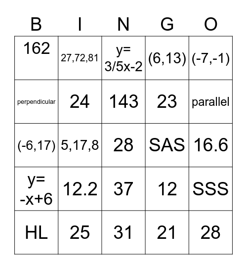 Geometry Review Bingo Card