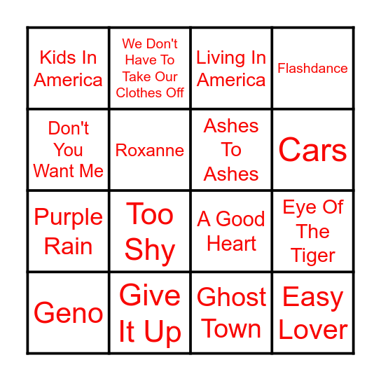 Back To The 80s Bingo Card