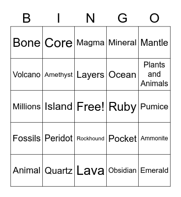 Rocks and Minerals Bingo Card