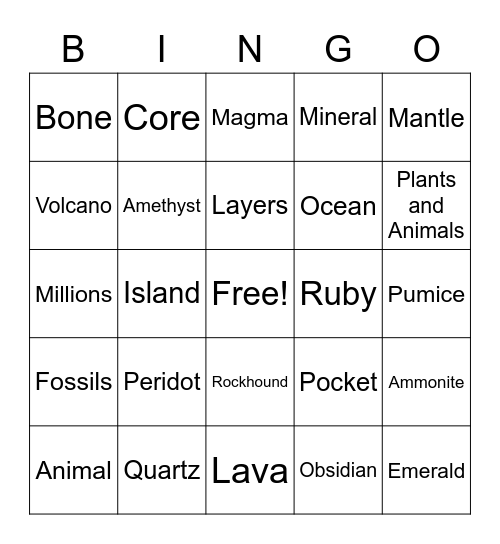 Rocks and Minerals Bingo Card