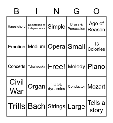 Music History Bingo Card