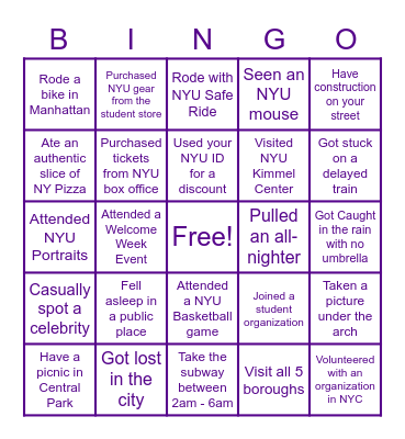 NYU Freshmen Bingo Card