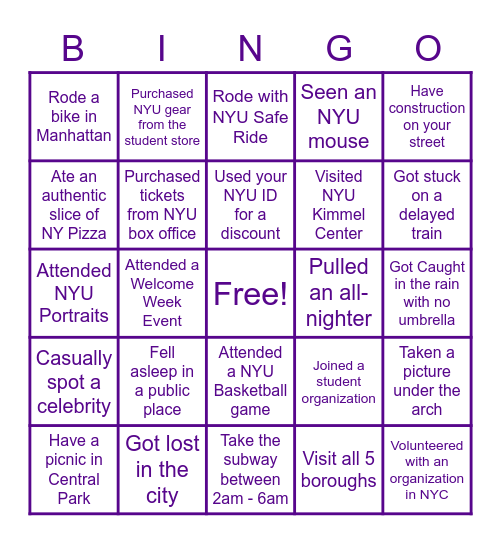 NYU Freshmen Bingo Card