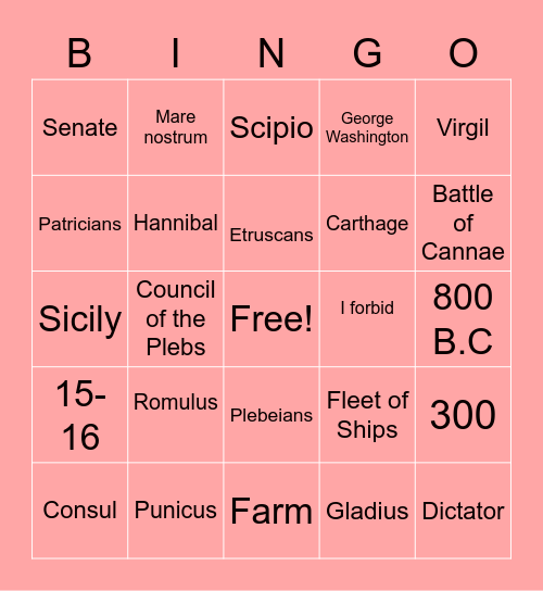 Rome Bingo Card