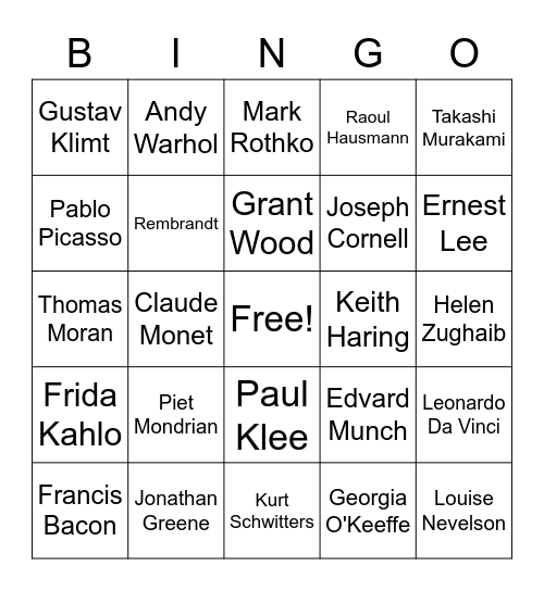 Artist Bingo! Bingo Card