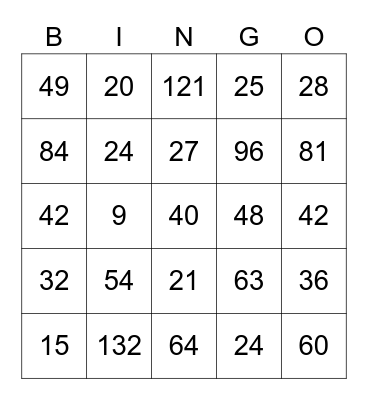 First to Fill Multiplication Bingo Card