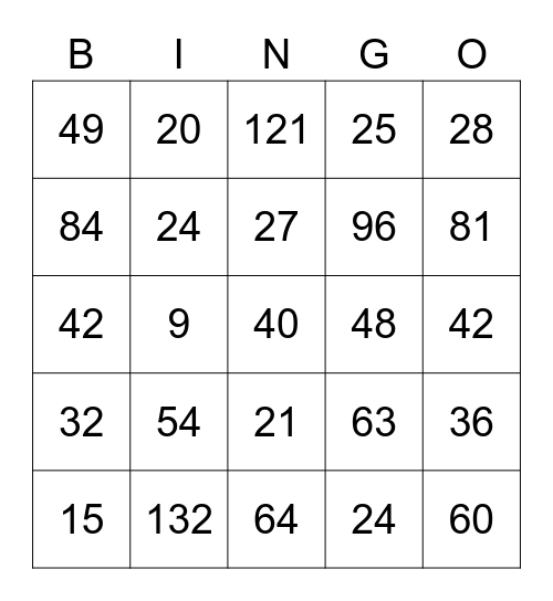 First to Fill Multiplication Bingo Card