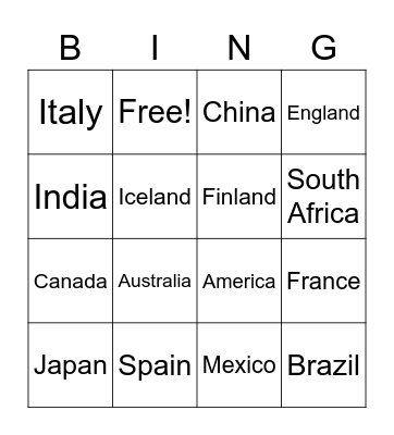 Countries Bingo Card