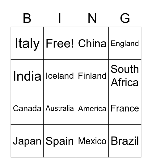 Countries Bingo Card