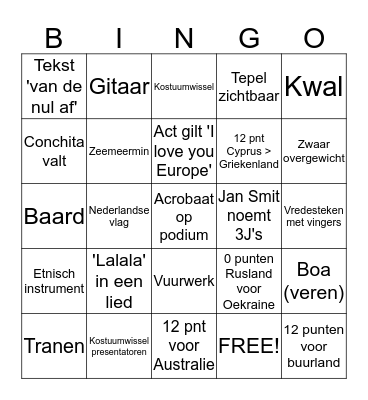 GROENLINKS EUROVISION BINGO Card