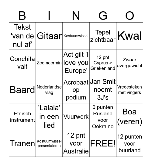 GROENLINKS EUROVISION BINGO Card