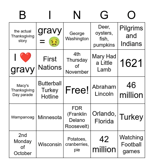 Thanksgiving Bingo Card