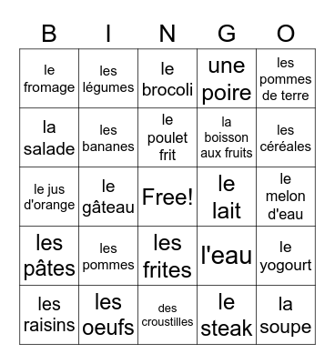 La Nourriture (Que c'est bon!) Bingo Card