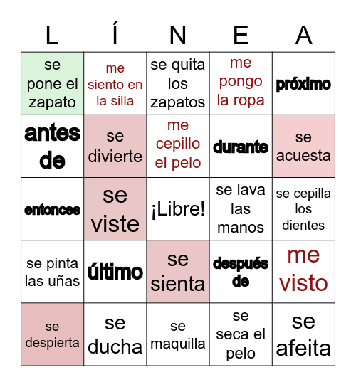 reflexive verbs Bingo Card