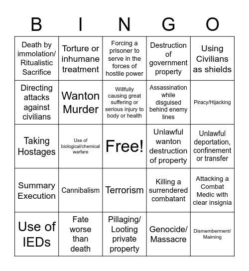 DnD Warcrime Bingo Card