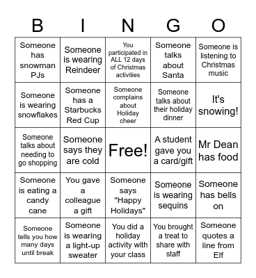 Holiday Bingo Card