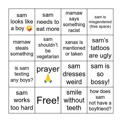 sam’s family thanksgiving bingo Card