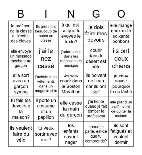 French 1 Day 70 Review Bingo Card